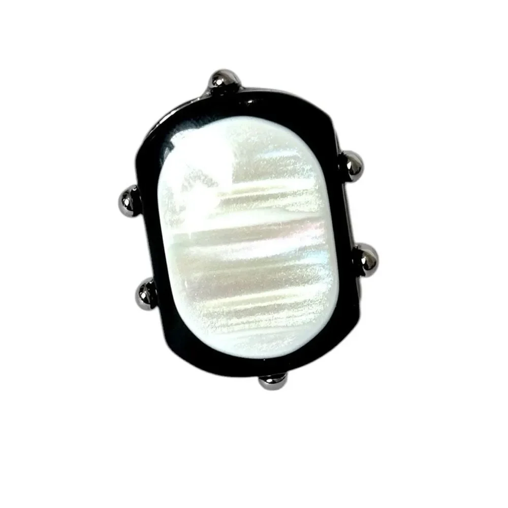 Black and White Lucite Faux Mother-of-Pearl Statement Ring